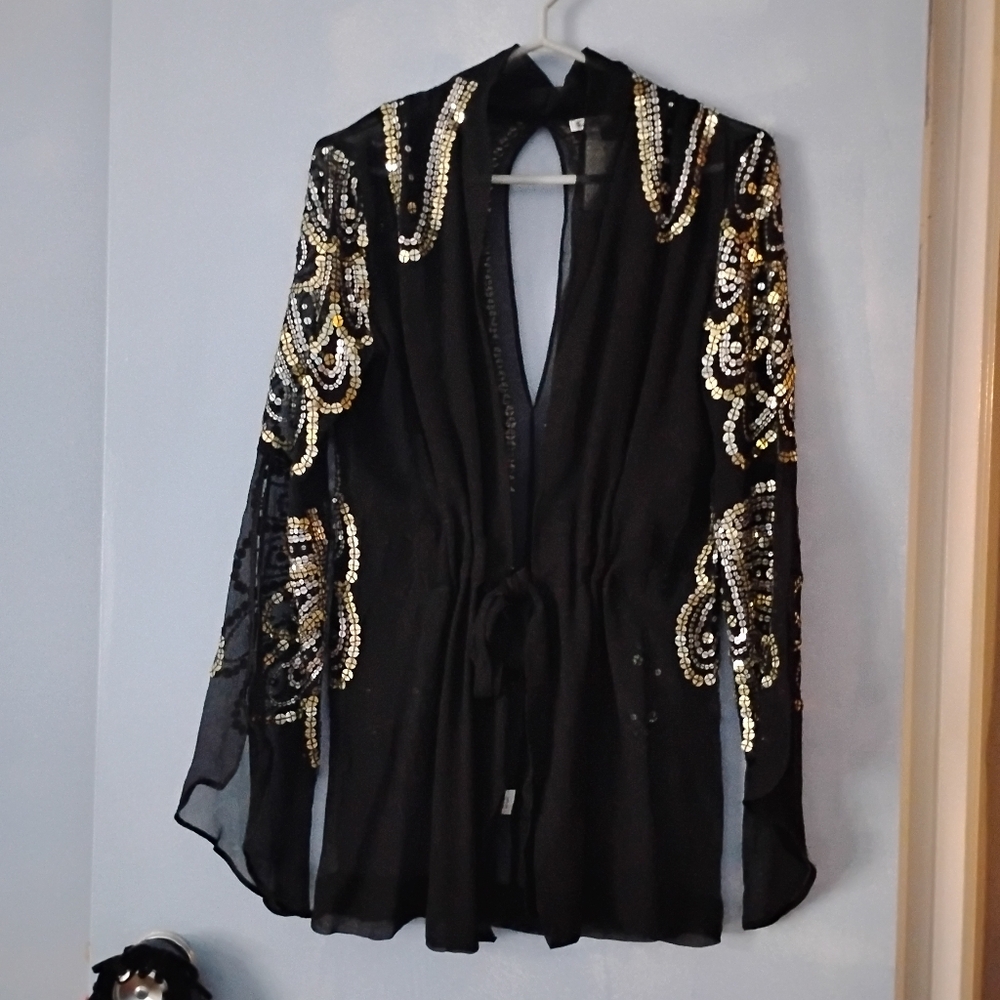 Foley & Corinna Black Silk Gold Sequin Blouse M